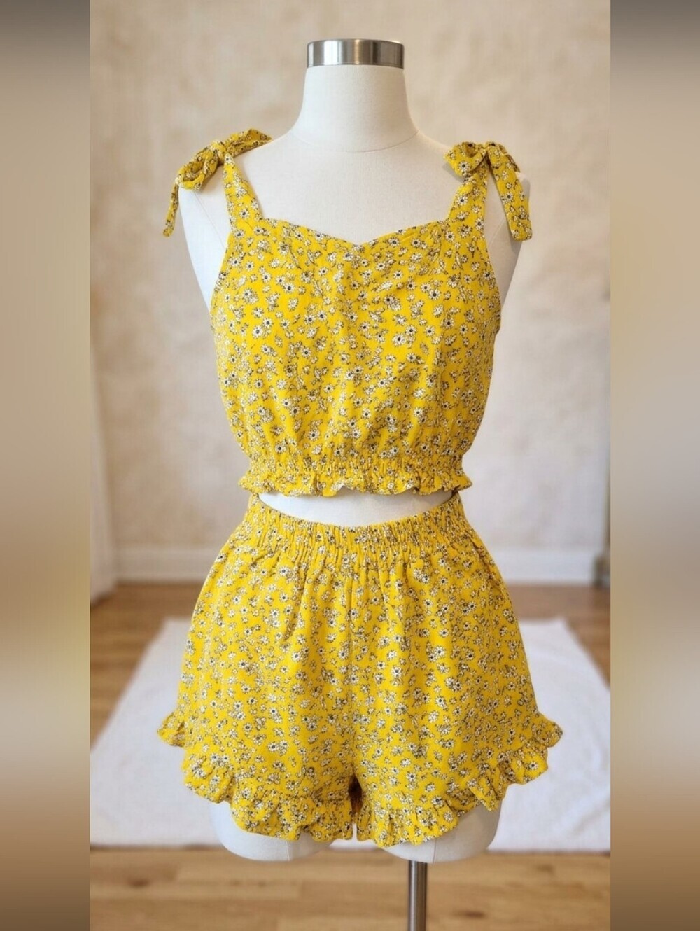 Yellow Floral Tie-Shoulder Crop Top and Ruffle Shorts Set